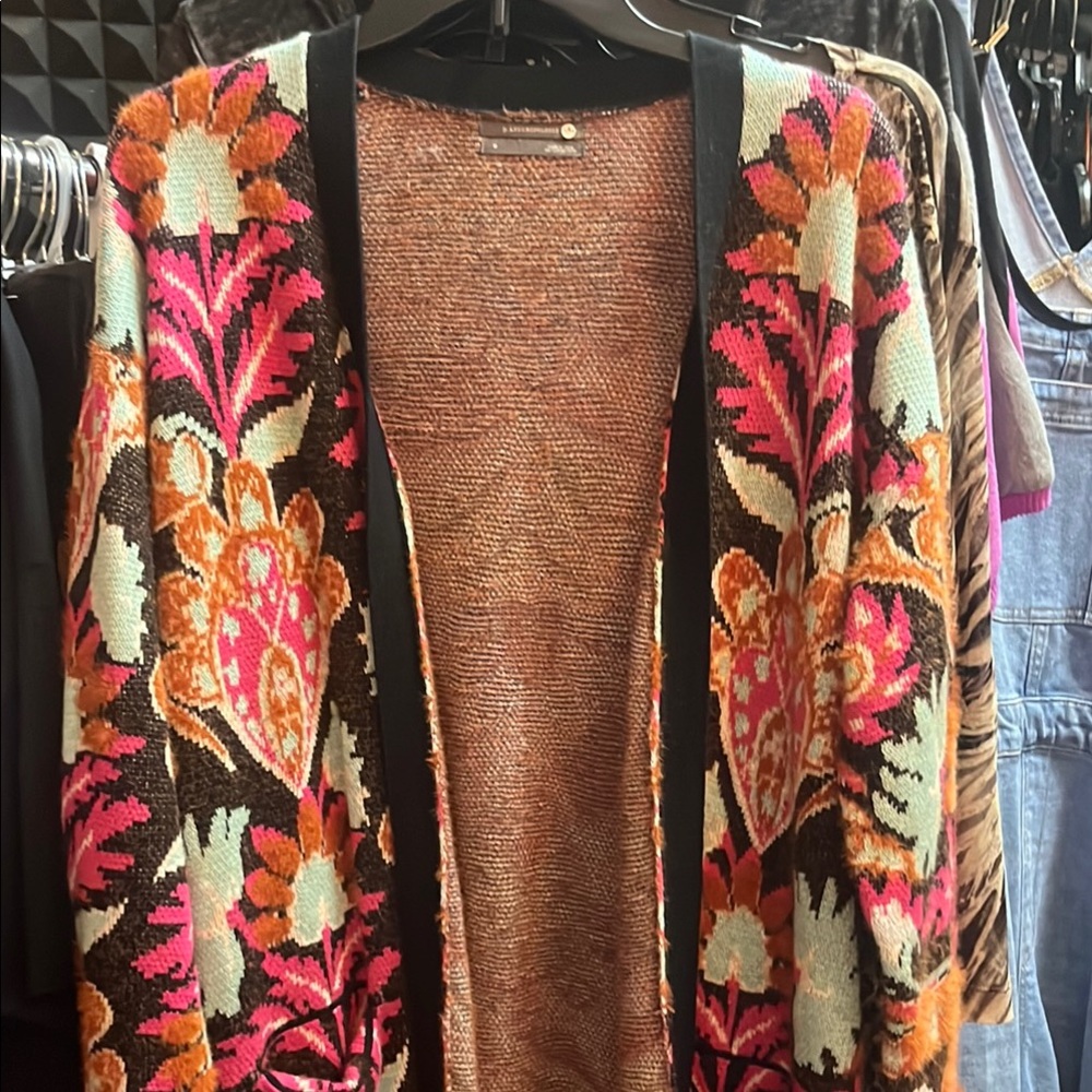 Anthropologie Patterned Duster Med Black Pink Floral Cardigan Sweater Coat - Picture 4 of 6